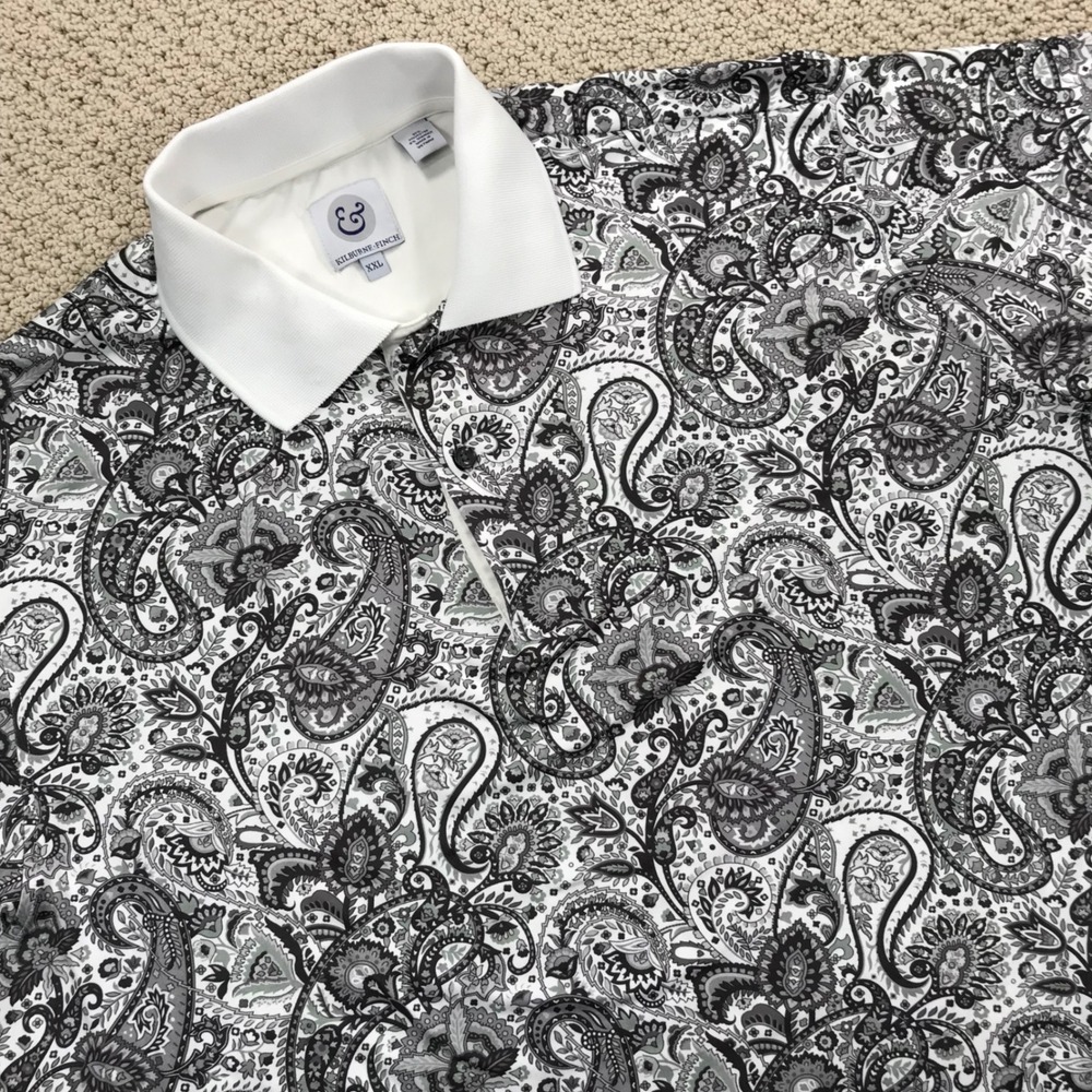 Kilburne & Finch Mens XXL Paisley Polo Shirt Black White Grey Stretch Golf Top
